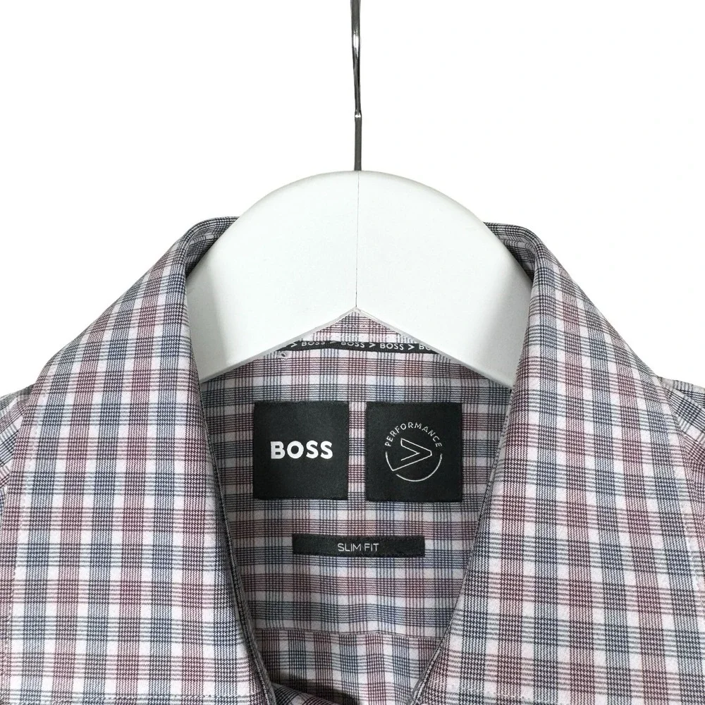 Hugo Boss Performance Slim Button Up Plaid Burgundy Blue - Small 14 1/2